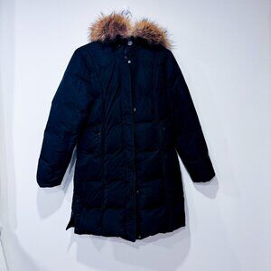 FLASH GEO Black Down Puffer Coat Fur Hood Warm Winter | Small *